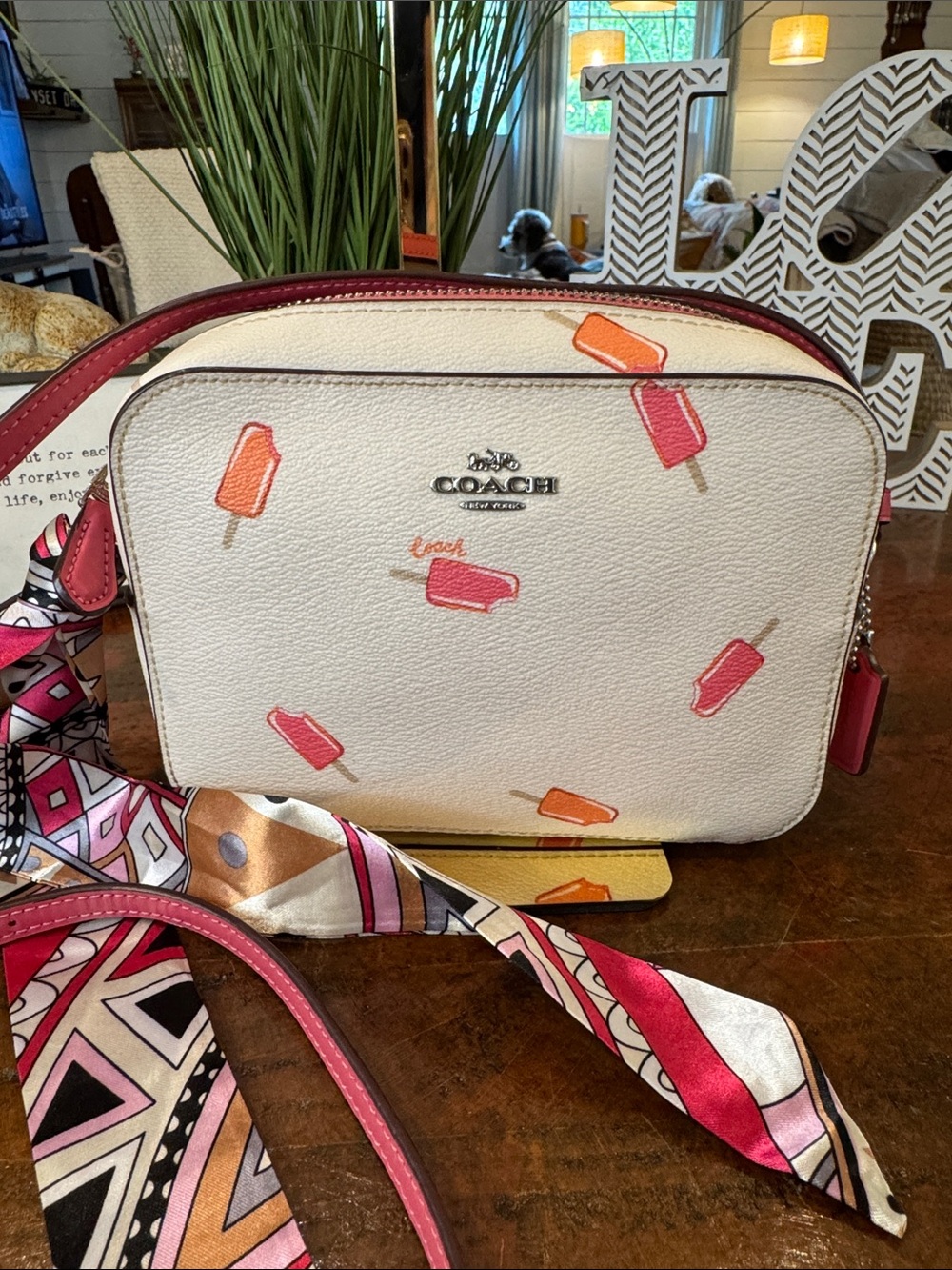 Coach White Leather Crossbody with Pink and Orange Popsicle Print - Picture 1 of 10